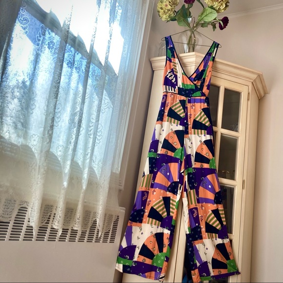 Urban Outfitters sleeveless wide leg V neck patchwork pattern jumpsuit size 2 - Picture 10 of 12